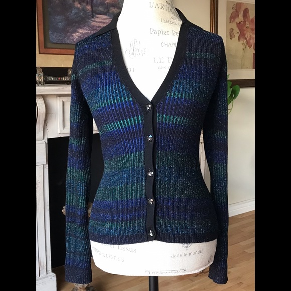 INTERMIX “Sienna” NWTs Striped Cardigan Buttons Collar Black Blue Green … - Picture 3 of 13